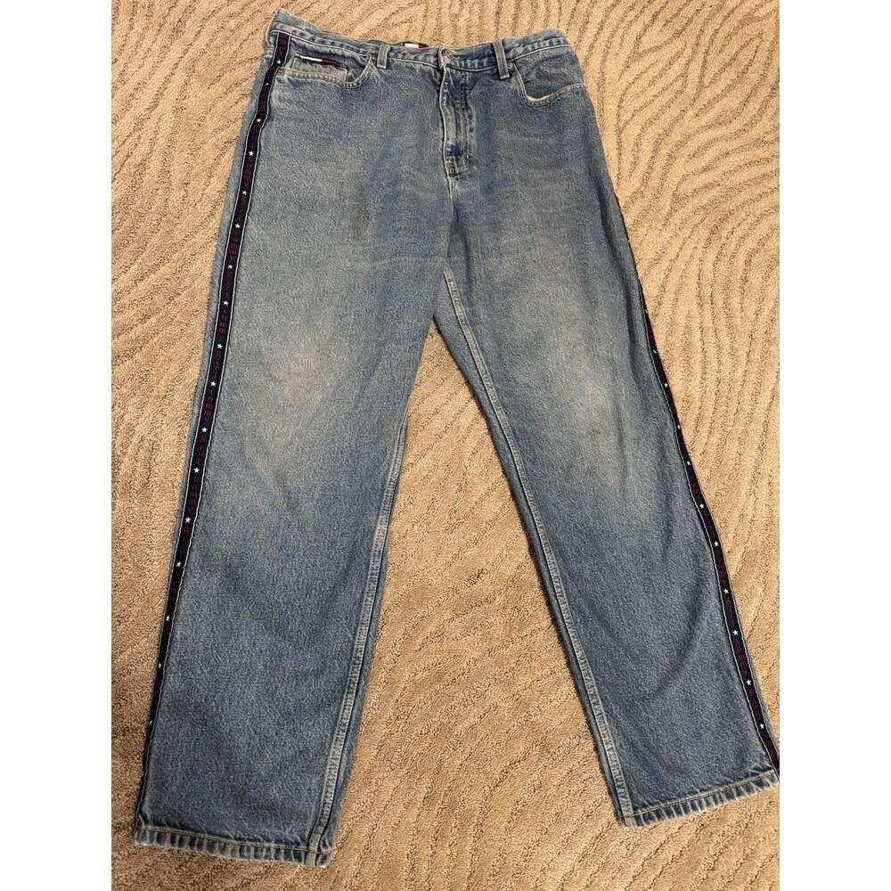Vintage Tommy Jeans Junior's 90s Size 13Tommy Girl Stripe Flag Patch Relaxed Fit